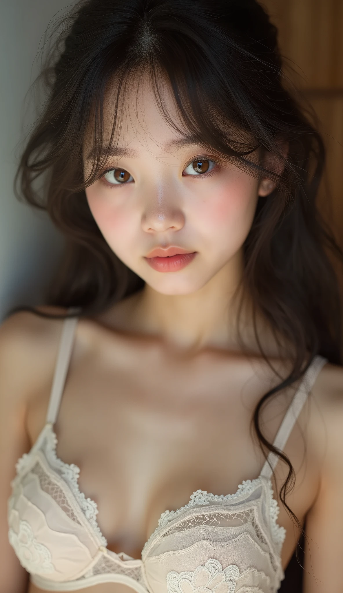raw photo, ung girl, kawaii, brown eyes, unique, individual, distinctive face, extremely detailed eye and face, fair skin, lace cute bra, beautiful breasts, upper body, Best Quality, highly detailed, High-definition raw color photos, professional photograpy, Realistic portrait,