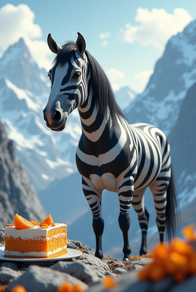 A striped horse eating orange cake in the middle of the mountains, cold