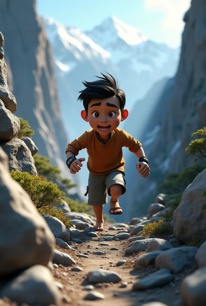 Need 3D animation style, Shyamu struggling to climb a steep, rocky path on a mountain, showing the challenging journey