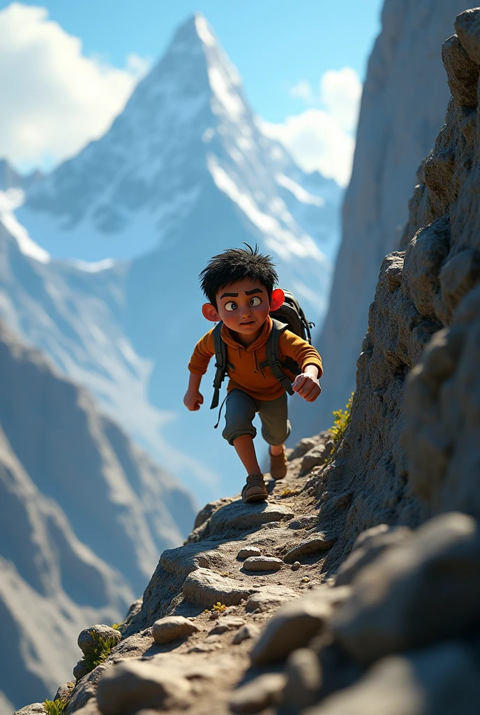 Need 3D animation style, Shyamu struggling to climb a steep, rocky path on a mountain, showing the challenging journey