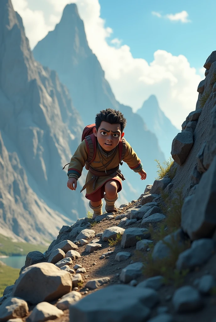 Need 3D animation style, Shyamu struggling to climb a steep, rocky path on a mountain, showing the challenging journey