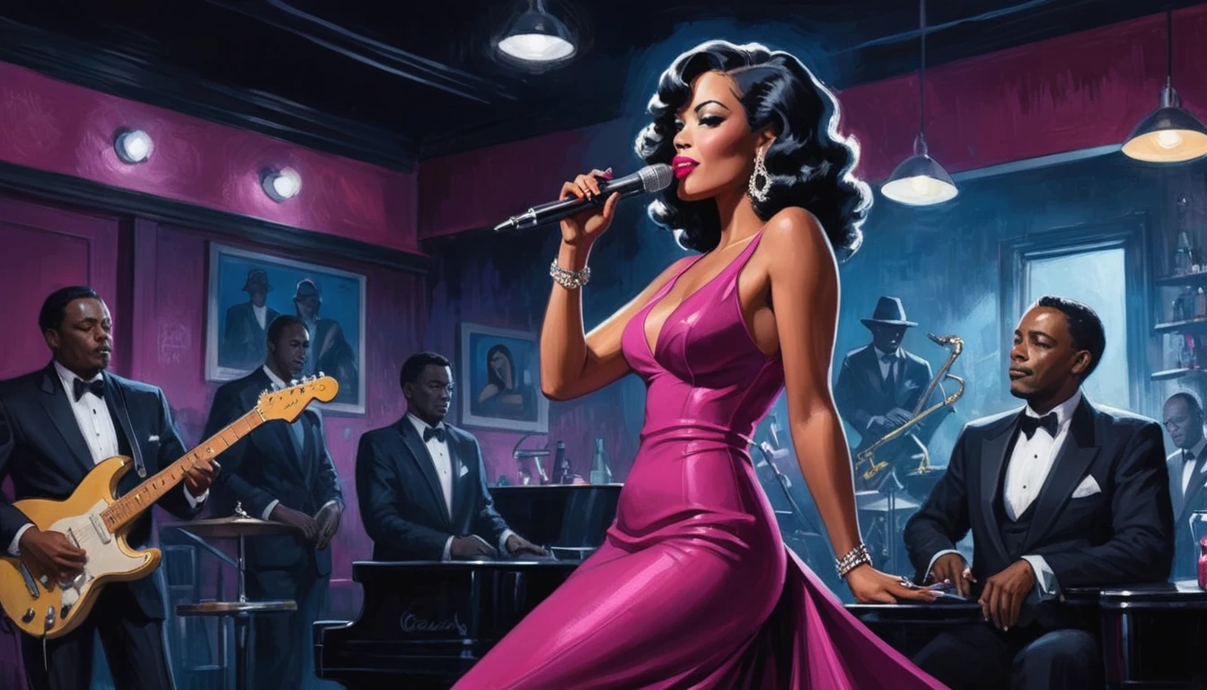 alabama bar, blue note, charismatic, baterist, guitarist, saxophonist, jazz band, fuchsia dress, illustration, noir fantasy, singer lady,