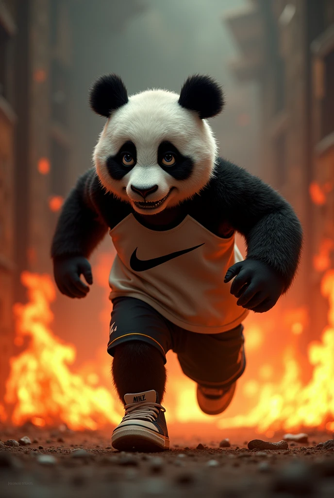 Create an animation of a panda dressed in Nike clothes and tennis shoes where he is in a humanoid position fleeing from the flames where he can be seen sad. , angry and bloody. And also that you can see a part of the skull of the head.MAKE THE SCENE DARKER.