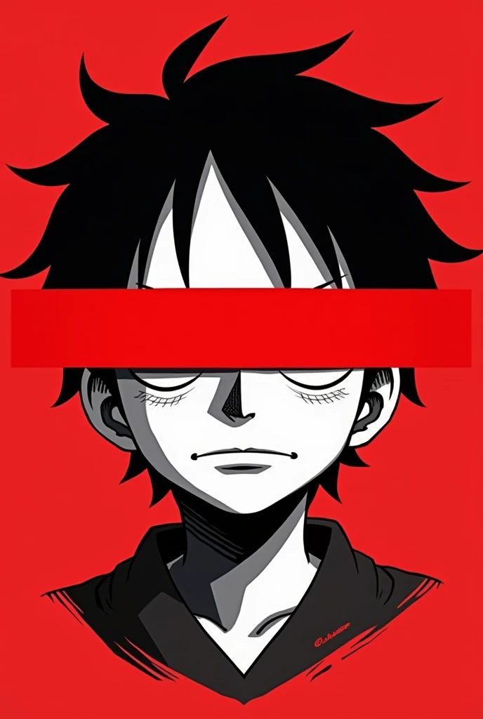 A stylized Art vectoriel portrait of Luffy with a black and white face, partiellement obscurci par une bande rouge audacieuse sur ses yeux et sa bouche. L'arrière-plan est rouge uni. La figure semble solennelle, Art vectoriel, symmetrical
