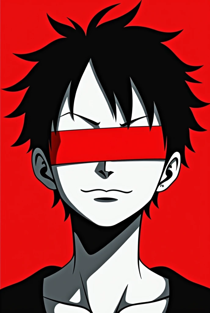 A stylized Art vectoriel portrait of Luffy with a black and white face, partiellement obscurci par une bande rouge audacieuse sur ses yeux et sa bouche. L'arrière-plan est rouge uni. La figure semble solennelle, Art vectoriel, symmetrical