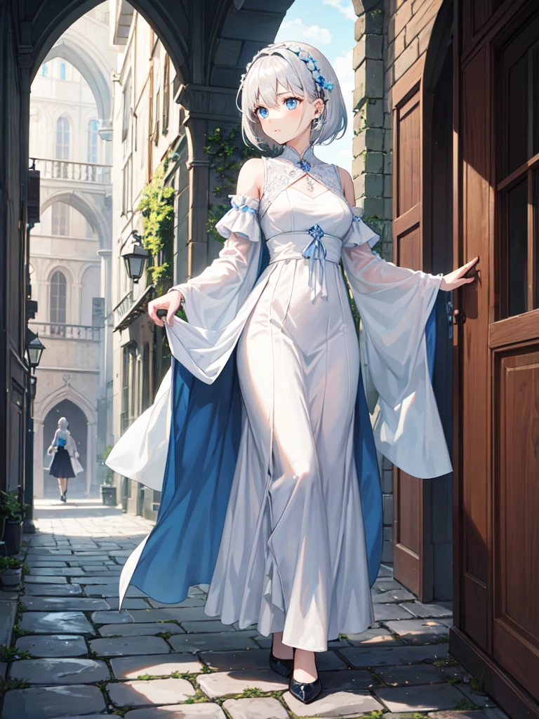 A girl with silvery-white hair and piercing blue eyes, her short hair framing her delicate features, stands on a cobbled road in a village. She's adorned in a flowing, white dress. The atmosphere evokes a medieval setting.
