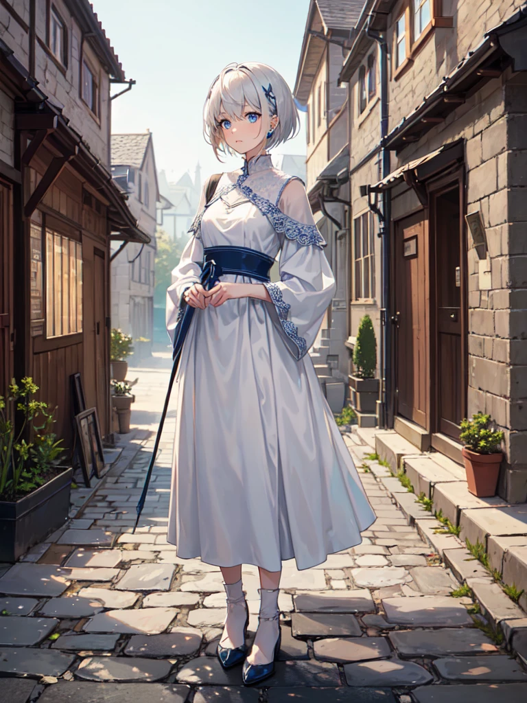 A girl with silvery-white hair and piercing blue eyes, her short hair framing her delicate features, stands on a cobbled road in a village. She's adorned in a flowing, white dress. The atmosphere evokes a medieval setting.