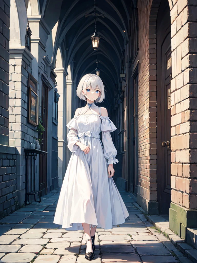 A girl with silvery-white hair and piercing blue eyes, her short hair framing her delicate features, stands on a cobbled road in a village. She's adorned in a flowing, white dress. The atmosphere evokes a medieval setting.