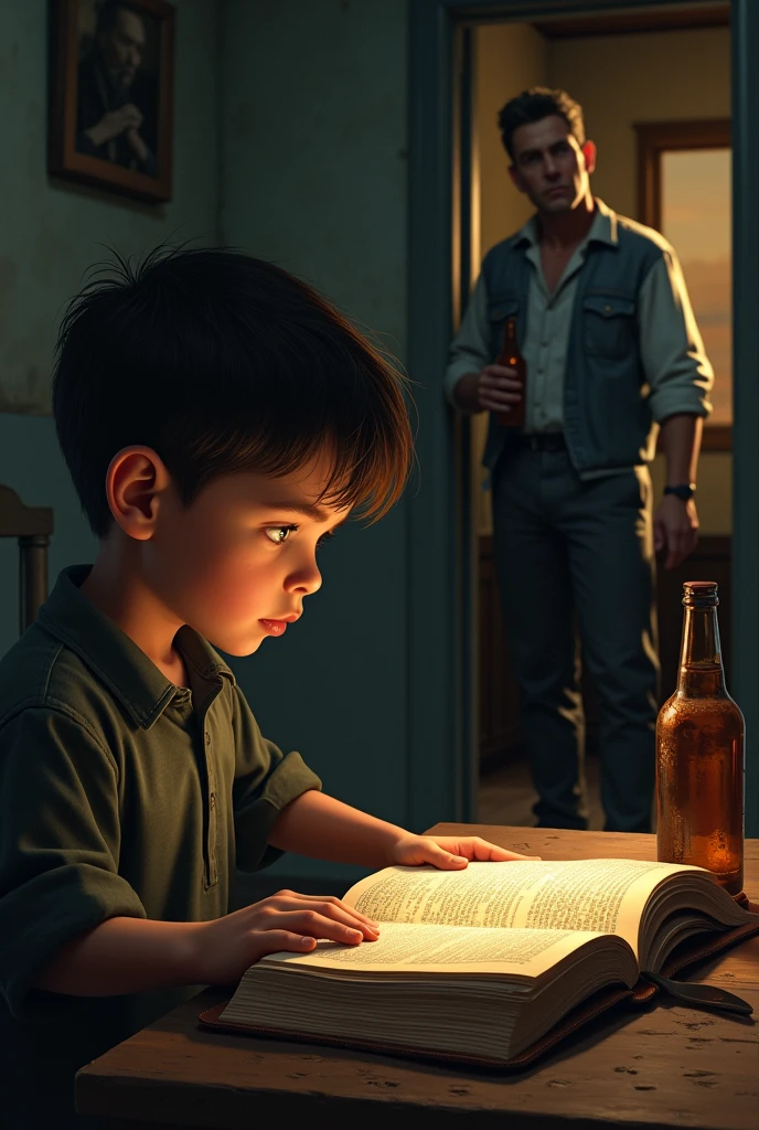 boy reading bible, father mocking him from afar with beer