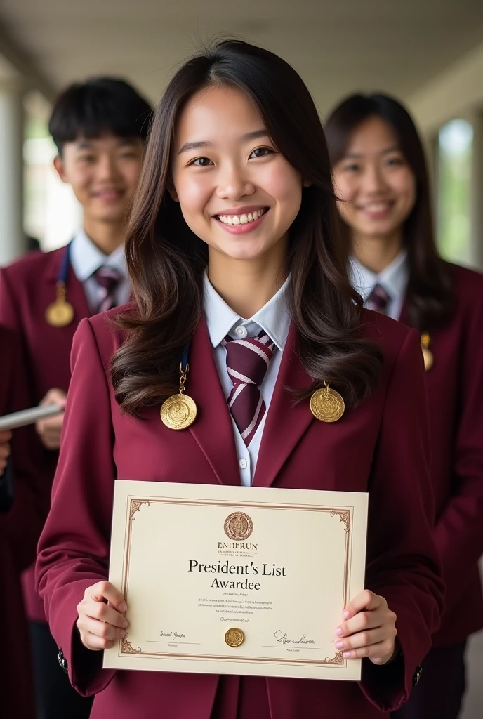 "A lady wearing a maroon uniform with 'Enderun International College' on it is holding a certificate that reads 'President's List Awardee.' She is also wearing three medals and smiling at the camera."