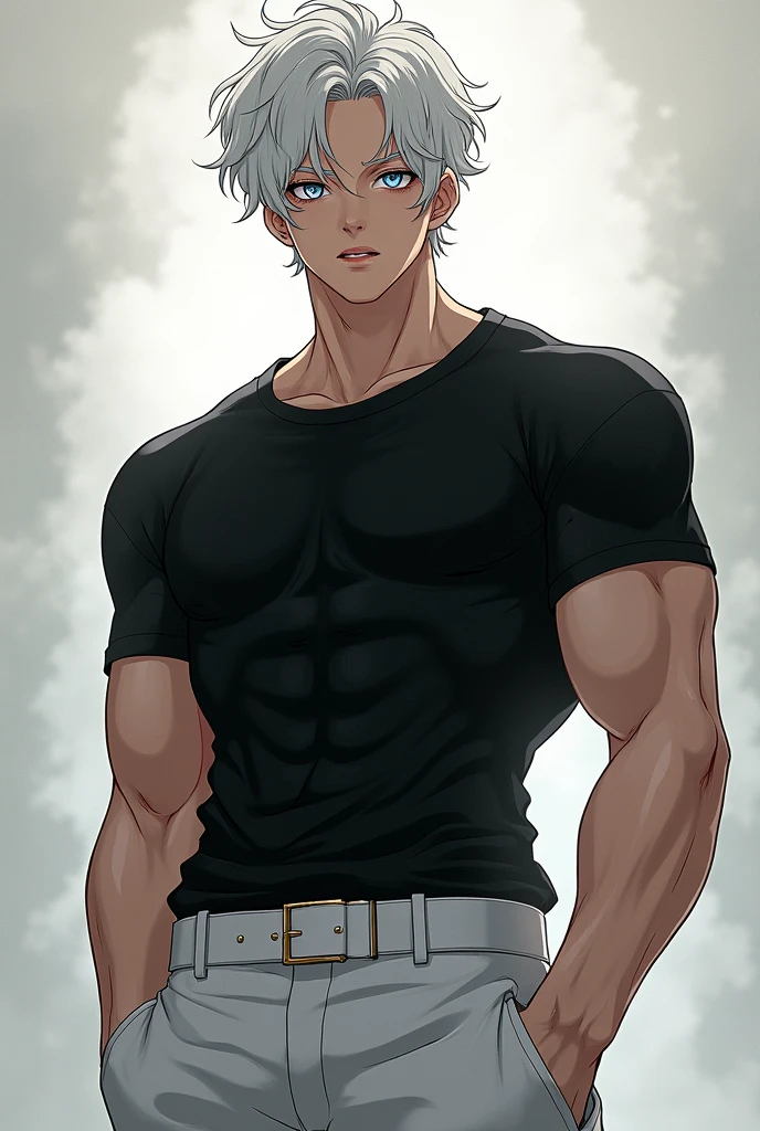 A man of intelligence and beauty with six eyes, white mash hair, and a black T-shirt、He was wearing white knickerbockers and was really handsome.、He's a muscular man, about 2, with a baby face and an anime-like face.、Super strong Gojo Satoru