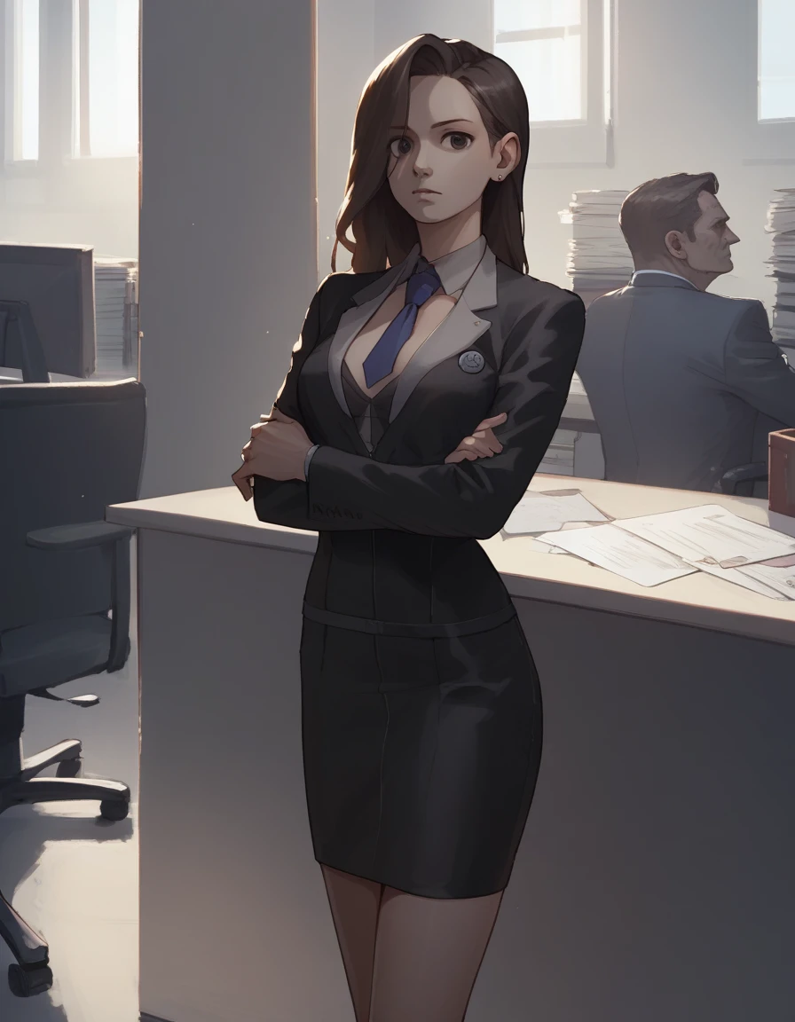 score_9, score_8_up, score_7_up, score_6_up, score_5_up, score_4_up,
aamia, black jacket, suit jacket, skirt suit, necktie, dress shirt
furrowed brow, shadow over face, crossed arms, looking at viewer, office.