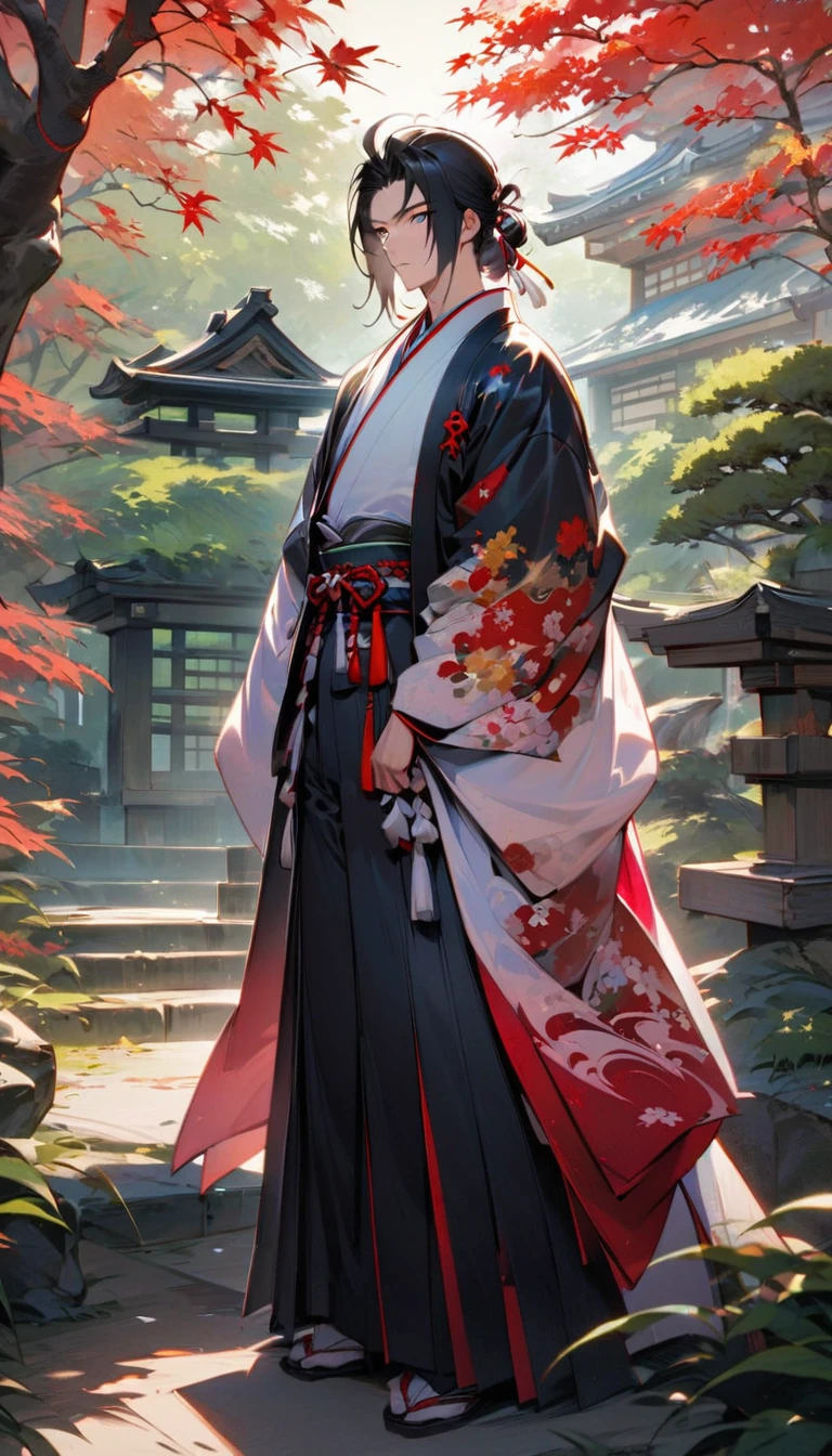 A young samurai in a traditional, flamboyant kimono, standing confidently in a Japanese garden. The vibrant colors of the kimono contrast with the serene environment. The samurai's face is partially obscured to maintain an air of mystery.