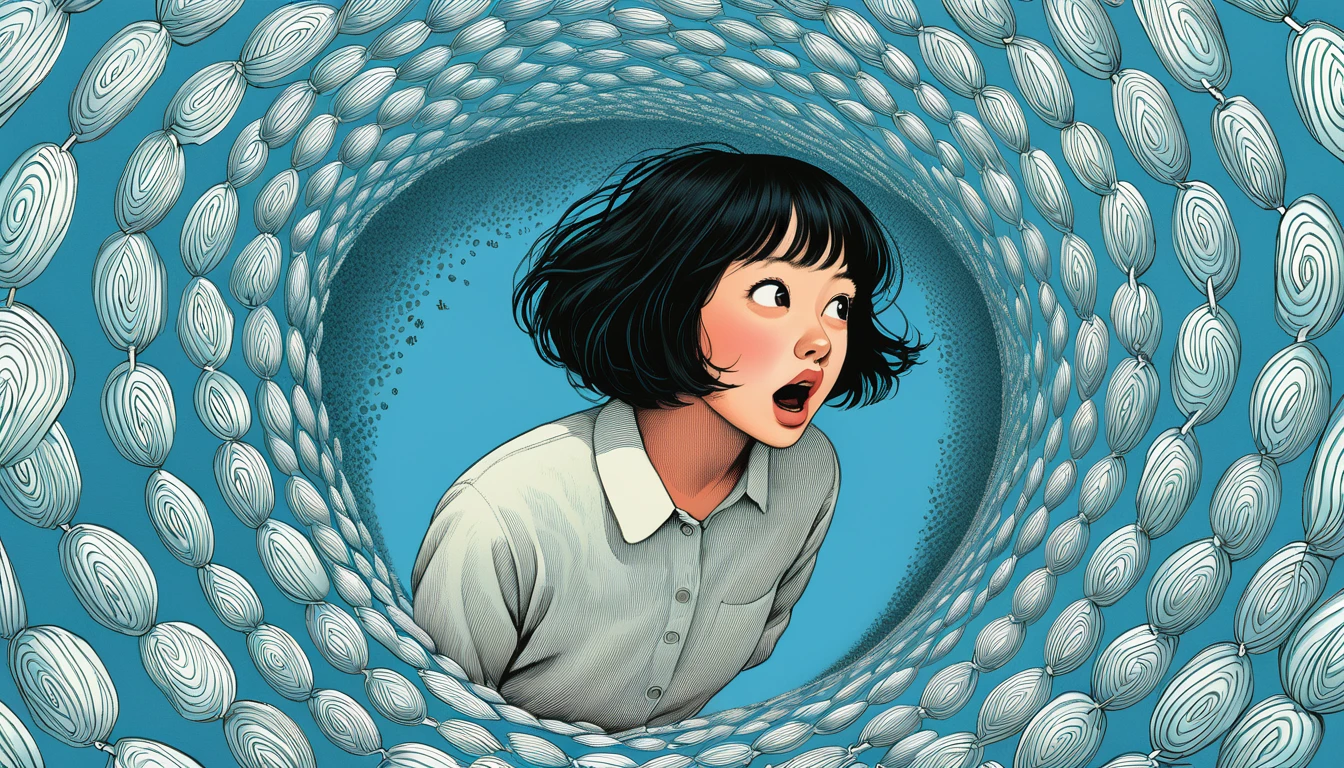 An illustration、art、Supervised by Junji Ito、Overaction、Overreaction、Pretending to be scared、Attention to detail, Realistic shadows、Analog Style, chromatic aberration, Surrealism、Light blue background、round and round