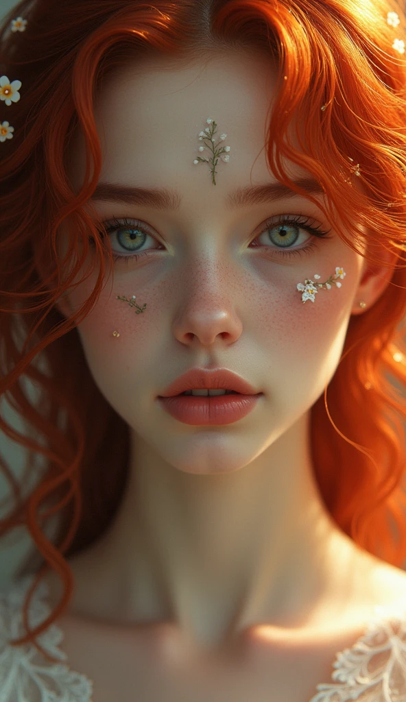 A girl with pure devine pale skin, deep red hair and a primrose tattoo on her face