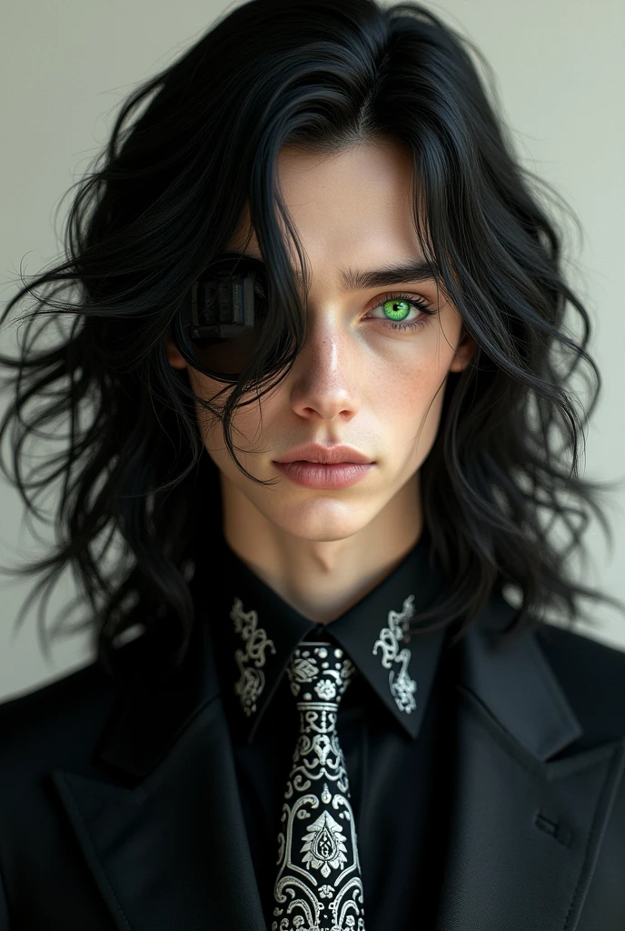 Garçon blanc avec une chemise noire et une cravate noire avec des motifs dessus blanc, avec de très longs cheveux un regard noir avec un œil vert
