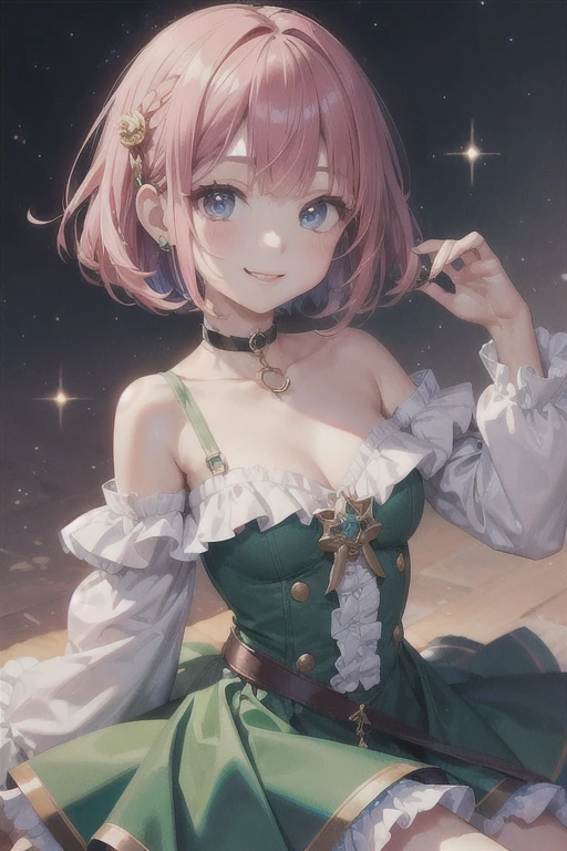 (Highest quality)、(Highest quality)、cute、(choker).eyes are emerald、Her hair is purple、Short Bob、(smile).