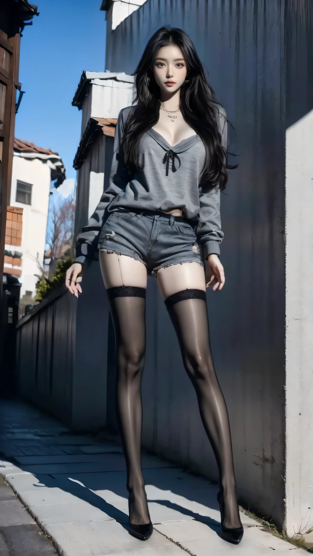 woman, Fair, full-body shot,Stunning face and eyes, cosmetic, Ruddy and shiny lips, (Extremely detailed Fair face), (The sexiest look), (Sweatshirt), (best quality), (Very detailed), (Very detailed CG 통합 8k 벽지),original photo, Professional photography, (Everlasting), (Black Hair),(big eyes),(Soft light source),(A little cleavage),(shorts),(black),Gold glasses,black,Slender long legs,Gray pantyhose,Grey socks,No shoes