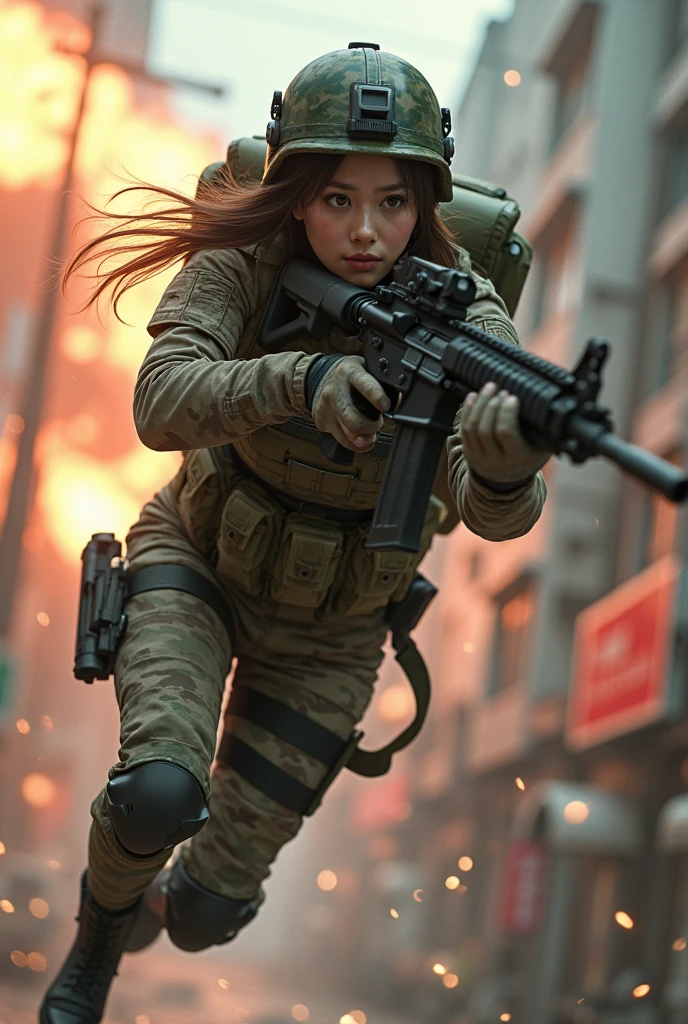 Photo-realistic, ultra-realistic, (very beautiful Japanese, famous Japanese idol:1.3), (Fully equipped for battle:1.5), holding m4a1 large ault rifle, (amazing view of massive explosion at buildings:1), (she is very scared and crying:1), (wearing an army soldier's Camouflage outfits with military helmet:1.5), very large bretactical vest, military harness:1.3), (military long boots:1), acrobatic pose, Fighting urban warfare, dynamic angle, (spectacular and intense aerial battles), Nimble movements, Sharp turns, (aim and shoot:1.3), at night, (She uses the ultra high power rocket engine thruster on her back to flying in the air:1.8),