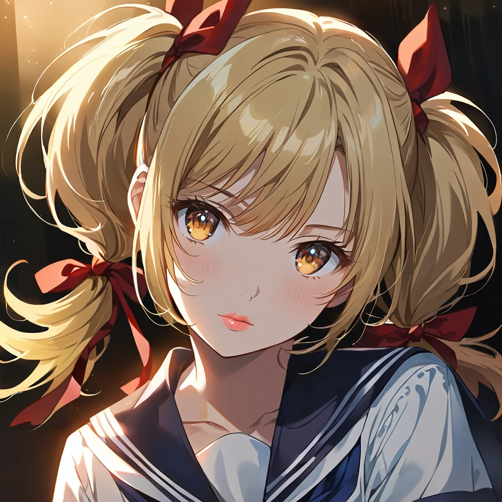  (Cute a girl:1.5), (a girl with Blonde hair with high twin tails tied with red ribbons, blonde eyes, sailor uniform, pink lips,
:1.4), anime visual, (tilt head:1.3), realistic lighting and shading,muted colors,soft focus, (an extremely delicate and beautiful art:1.3),