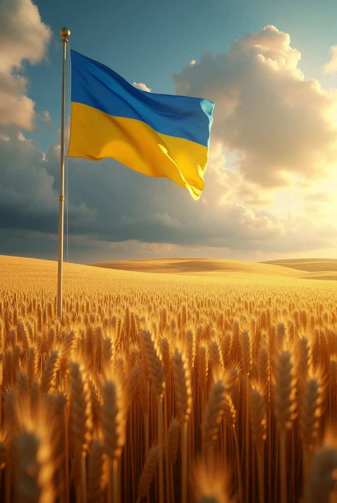a stunning, ultra-realistic photograph, 4k, 8k, highres, masterpiece:1.2, ultra-detailed, realistic,photorealistic,photo-realistic:1.37, fields of golden wheat, Ukrainian flag, Ukrainian coat of arms, dramatic lighting, dramatic sky, cinematic composition, award-winning photography, vivid colors, HDR, physically-based rendering, professional, landscape, cinematic