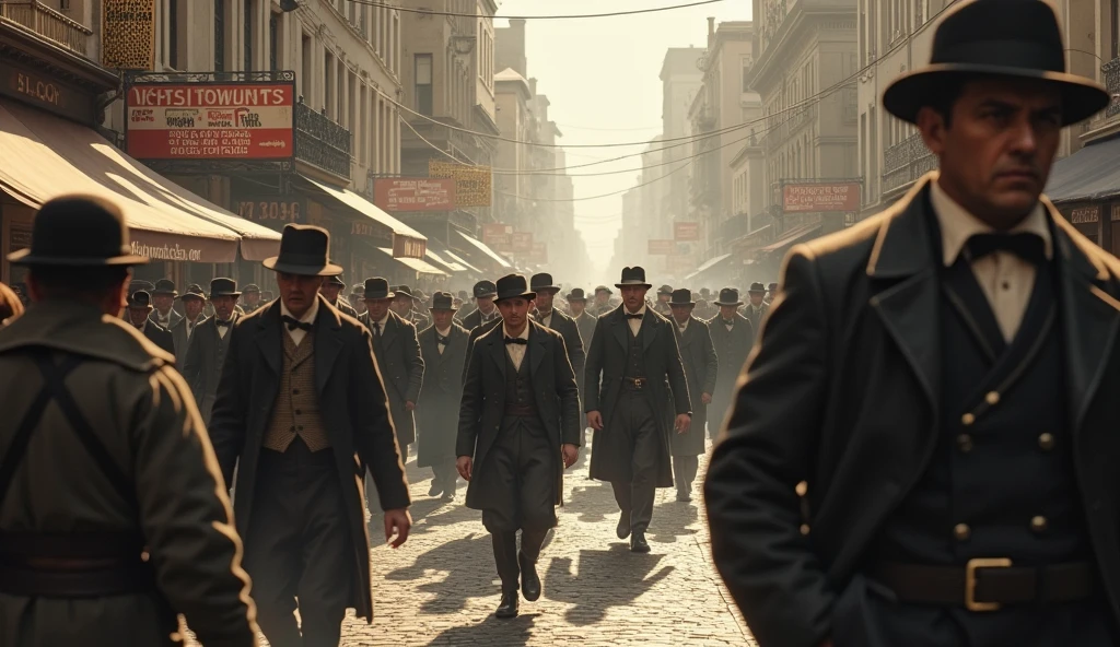 1912 Cape Town; Scared people walking around the city(masterpiece, best quality); newspapers with war news!