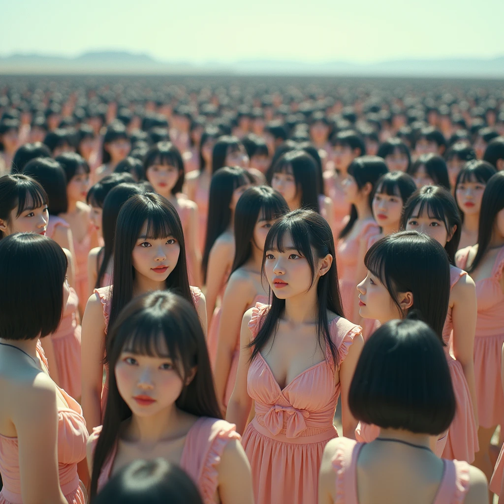 (((((Japanese Clone girls=Myself)))))), (((Best Super High quality Myself Clone girls Raw Photography Art))), (16K, Highest quality, Ultra-high resolution, RAW Photos), (((It's so unrealistic., With unparalleled depiction, With an unfathomable sight, An unprecedented and shocking worldview, Clone girls in a world of mass reproduction, Ultra-realistic))), (((Japanese, woman, 18yo, hashimoto-kanna))), (Small face, ((Thick black hair, Semi-long hair))), ((V-neck short-sleeve dress)), (((((Very detailed美しい女体, Accurate body structure, Very detailed完璧な, Super busty body with very large breasts, Clearly emphasizes cleavage))))), (((Dark Eyes, Mature face, Cute Smile, A gentle gaze))), (((Her happy and smiling expression is so cute))), ((((((((Very detailed分身増殖描写, ((1girl→Myself cloning→1,000,000,000,000,000,000,000,000,000,000,000,000,000,000,000,000,000,000,000,000Myself Clone girls)))))))))), ((((((((Very detailed, The precise depiction of the proliferation of Myself Clone girls, ((With the perfectly identical bodies of Myself clone girls, With the exact same face as the Myself clone girls, With the exact same hairstyle as the Myself clone girls, In the exact same clothes as the girls who are my clones, Perfectly the same height as the Myself clone girls, Super big breasts, just like the Myself clone girls)))))))))), (((Myself clone girls only))), (((Multiple pairs, Very detailed depiction, (Myself clone girls hug each other, Myself clone girls assemble, Fun conversations with fellow Myself clone girls, A fun conversation between Myself clone girls, Myself clone girls holding hands, Walking with lots of Myself clone girls)))), (((Everyone looks at the camera))), (((Unbelievably crowded, Transcendent Myself clone girls intimately, Countless Myself clone girls surround you in 360 degrees))), (Bright, soft sunlight), (((Very wide field of view, Very detailed, Detailed ultra-perspective depiction with clear depth, wide view))), (((((Landscape with a curved slope))))), (((Very photographic and detailed depiction, Myself clone girls will multiply infinitely and fill the surroundings from one side to the horizon with their bodies tightly packed together without any gaps., A scene of endless Myself clone girls and a fun atmosphere))), (Focus on the average value of the image)