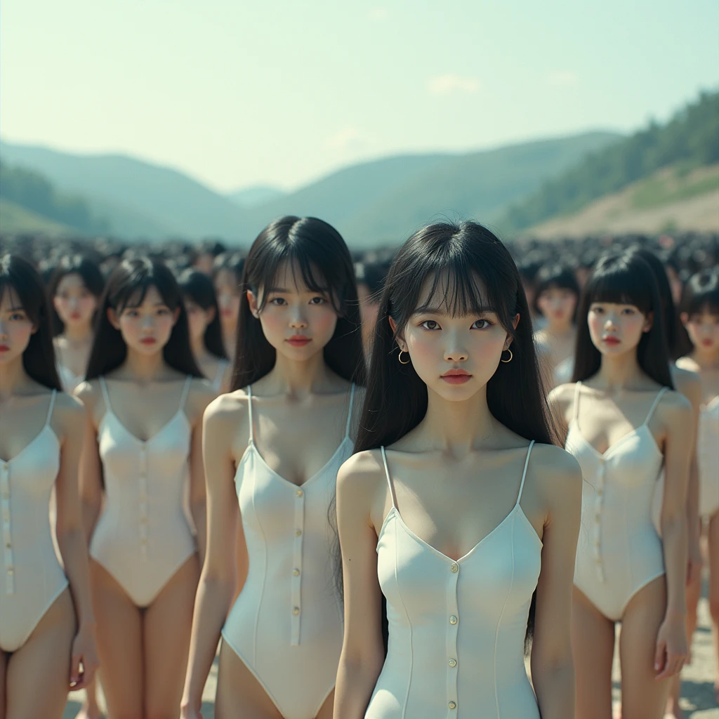 (((((Japanese Clone girls=Myself)))))), (((Best Super High quality Myself Clone girls Raw Photography Art))), (16K, Highest quality, Ultra-high resolution, RAW Photos), (((It's so unrealistic., With unparalleled depiction, With an unfathomable sight, An unprecedented and shocking worldview, Clone girls in a world of mass reproduction, Ultra-realistic))), (((Japanese, woman, 18yo, hashimoto-kanna))), (Small face, ((Thick black hair, Semi-long hair))), ((V-neck short-sleeve dress)), (((((Very detailed美しい女体, Accurate body structure, Very detailed完璧な, Super busty body with very large breasts, Clearly emphasizes cleavage))))), (((Dark Eyes, Mature face, Cute Smile, A gentle gaze))), (((Her happy and smiling expression is so cute))), ((((((((Very detailed分身増殖描写, ((1girl→Myself cloning→1,000,000,000,000,000,000,000,000,000,000,000,000,000,000,000,000,000,000,000,000Myself Clone girls)))))))))), ((((((((Very detailed, The precise depiction of the proliferation of Myself Clone girls, ((With the perfectly identical bodies of Myself clone girls, With the exact same face as the Myself clone girls, With the exact same hairstyle as the Myself clone girls, In the exact same clothes as the girls who are my clones, Perfectly the same height as the Myself clone girls, Super big breasts, just like the Myself clone girls)))))))))), (((Myself clone girls only))), (((Multiple pairs, Very detailed depiction, (Myself clone girls hug each other, Myself clone girls assemble, Fun conversations with fellow Myself clone girls, A fun conversation between Myself clone girls, Myself clone girls holding hands, Walking with lots of Myself clone girls)))), (((Everyone looks at the camera))), (((Unbelievably crowded, Transcendent Myself clone girls intimately, Countless Myself clone girls surround you in 360 degrees))), (Bright, soft sunlight), (((Very wide field of view, Very detailed, Detailed ultra-perspective depiction with clear depth, wide view))), (((((Landscape with a curved slope))))), (((Very photographic and detailed depiction, Myself clone girls will multiply infinitely and fill the surroundings from one side to the horizon with their bodies tightly packed together without any gaps., A scene of endless Myself clone girls and a fun atmosphere))), (Focus on the average value of the image)