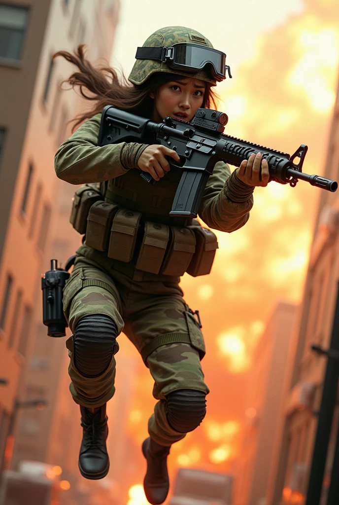 Photo-realistic, ultra-realistic, (very beautiful Japanese, famous Japanese idol:1.3), (Fully equipped for battle:1.5), holding m4a1 large assault rifle, (amazing view of massive explosion at buildings:1), (she is very scared and crying:1), (wearing an army soldier's Camouflage outfits with military helmet:1.5), very large breasts, (tactical vest, military harness:1.3), (military long boots:1), acrobatic pose, Fighting urban warfare, dynamic angle, (spectacular and intense aerial battles), Nimble movements, Sharp turns, (aim and shoot:1.3), at night, (She uses the ultra high power rocket engine thruster on her back to flying in the air:1.8),