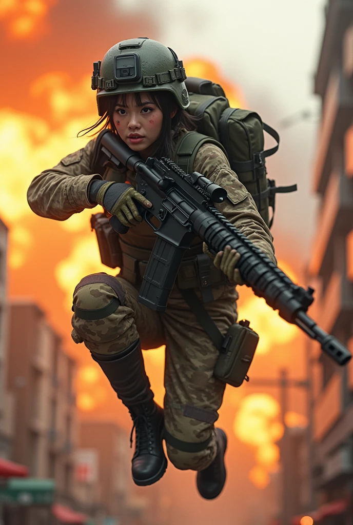 Photo-realistic, ultra-realistic, (very beautiful Japanese, famous Japanese idol:1.3), (Fully equipped for battle:1.5), holding m4a1 large assault rifle, (amazing view of massive explosion at buildings:1), (she is very scared and crying:1), (wearing an army soldier's Camouflage outfits with military helmet:1.5), very large breasts, (tactical vest, military harness:1.3), (military long boots:1), acrobatic pose, Fighting urban warfare, dynamic angle, (spectacular and intense aerial battles), Nimble movements, Sharp turns, (aim and shoot:1.3), at night, (She uses the ultra high power rocket engine thruster on her back to flying in the air:1.8),