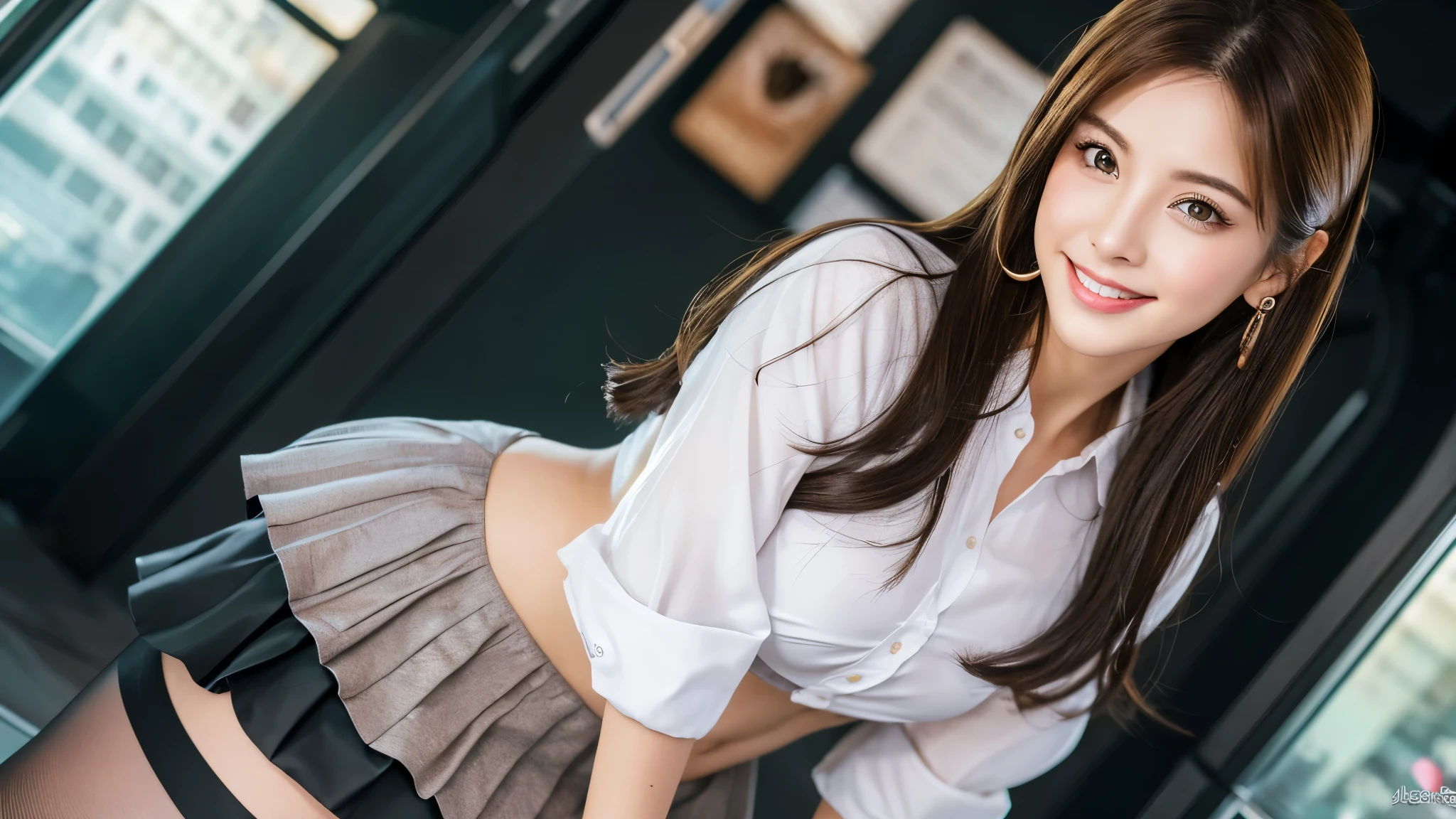 one person、female newscaster、young、beautiful、Female announcer、Shaped face contour、Long Hair、Brown Hair、Fine iris、Elegant、Sexy face、Glowing Skin、Juicy lips、An open, seductive smile、Thick eyelasheodel Body Type、Earrings、black stockings、blush、suit、Tight mini skirt、Perfect lighting、Perfect Shadow、Perfect Anatomy(((masterpiece))), ((highest quality)), ((Super detailed)), (CG illustration), (Very wicked and beautiful)), (Cute Desktop Face),スポーツキャスター