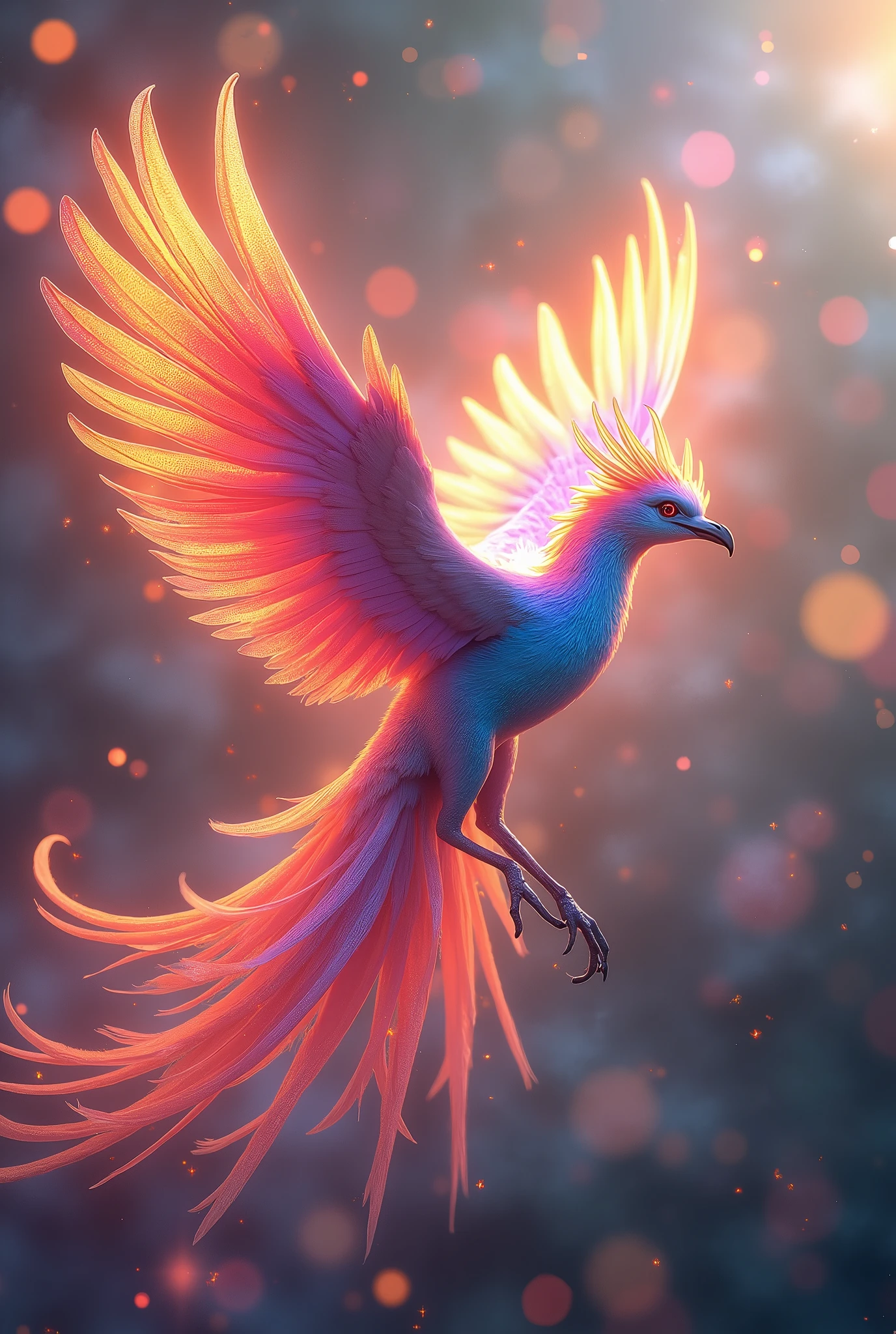 masterpiece, best quality, extremely detailed CG unity 8k wallpaper, Rainbow color, Phoenix, Flying dynamically, bokeh photography, (soft focus):1.2, out-of-focus highlights, dreamy ambiance, glowing circles, mesmerizing depth, Depth of written boundary