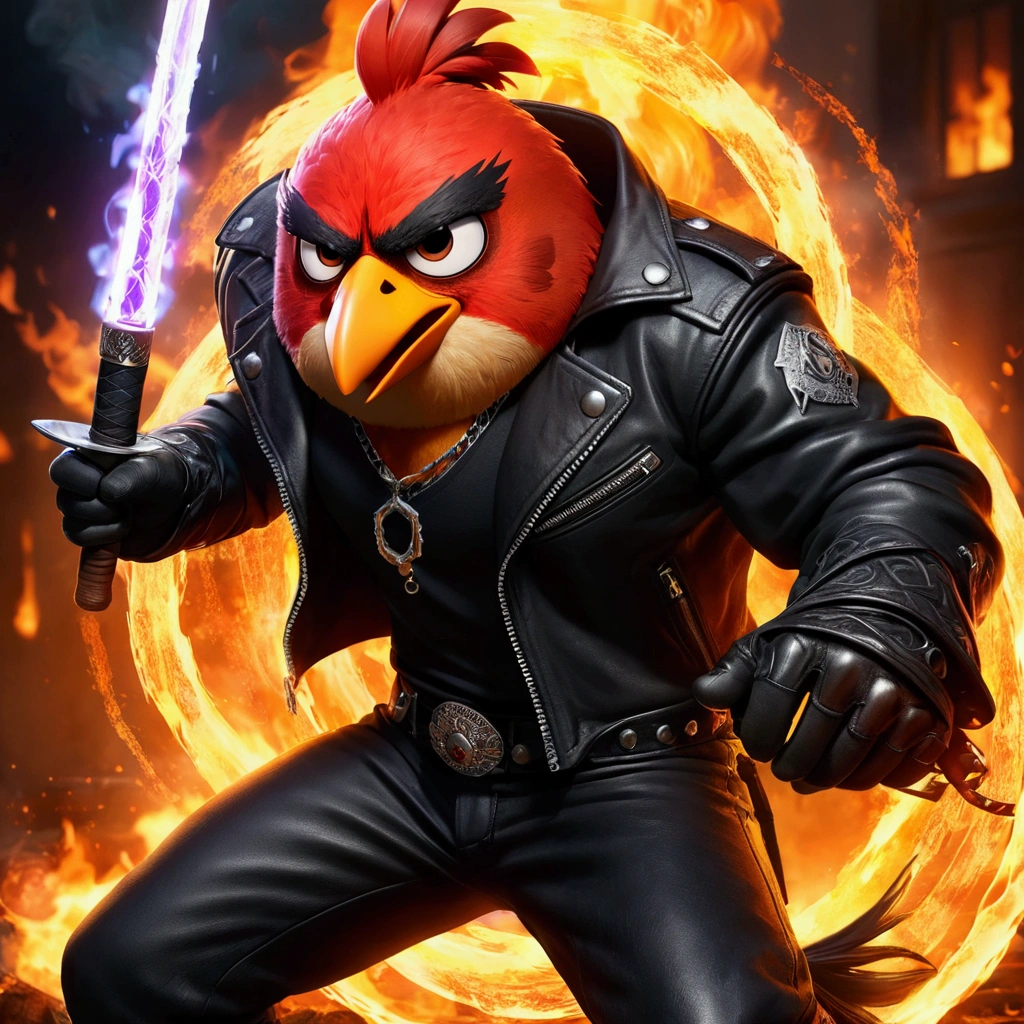 Closeup, Portrait of an extremely badass Angry Bird completely possessed by Ghost Rider wearing an insanely cool black leather Harley Davidson biker jacket open, black biker shirt, black leather biker gloves, black leather biker pants, dynamic pose, holding a giant glowing fire katana blade in his hand, black sunglasses, penance stare, fists and body enshrouded in super intense, dark, deadly, demonic flames, encircled by intricate magic circles and runes, vibrant colors, action-packed, bad to the bone, born to be wild, tough, bad ass, dramatic atmosphere, highly detailed, dynamic lighting looking so cool, epic, and hardcore, award winning work.
