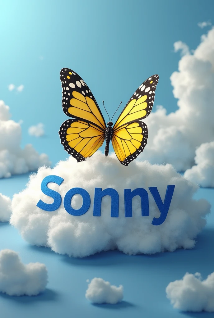 I want a realistic image of a yellow striped butterfly resting on a cloud covered with the Portuguese flag and on this cloud the first name Sonny well inked. I want the first names “Fanny Julian Lya” all around the cloud, I want the whole image to be realistic, I want a pretty background behind it