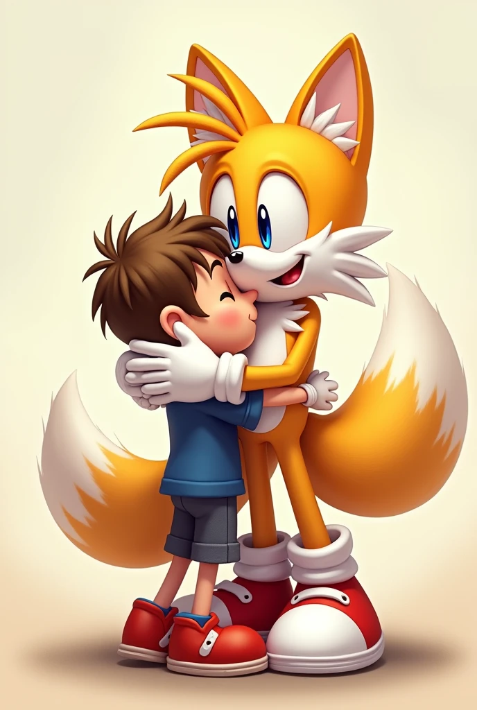 Tails hugging a younger boy with his shoes and gloves on