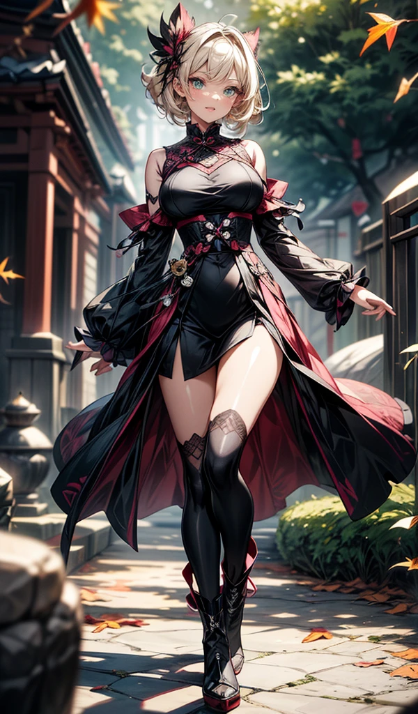 Masterpiece, Maximize highest quality:1.5, Maximum hyper beautiful anime style 3D digital illustrations:1.5, Hyper high power resolution, UHD, 16K, 1080p, Ultra hyper clear details, Smooth, soft and clearly and hyper beautiful hair texture:1.5, Hyper beautiful detailed eyes texture:1.5, Amazing dynamic movement:1.5, Beautiful backgrounds with depth of field, Hyper beautiful natural light, Rule of thirds, Maximize every effect and present it in the ultimate quality, 1woman, Cool beauty, 25years old, Sexy face at beautiful and sharp , Elegant mature woman, Ultimate perfect body style, Beautiful big breasts, Beautiful green eyes, Shiny blonde hair, Short hair, Shag cut, (Eyes visible through hair:1.3), Glossy very thick lips, Pink lipstick, Smile:1.5, Gothic Lolita style, Chinese dress, jet black color, sophisticated lacework, high mandarin collar, long sleeves, minimal skin exposure:1.8, ultimate beauty, bewitching attire, long boots, head dress, complex and unique design, extremely glossy fabric, many accessories, dynamic pose, background: ancient Japanese garden, autumn leaves, stone lanterns,
