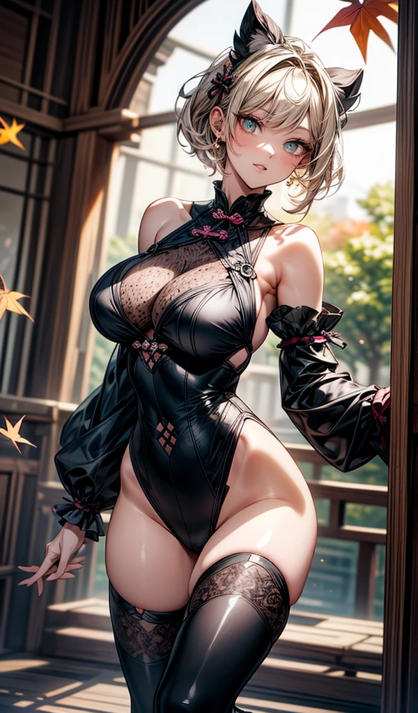 Masterpiece, Maximize highest quality:1.5, Maximum hyper beautiful anime style 3D digital illustrations:1.5, Hyper high power resolution, UHD, 16K, 1080p, Ultra hyper clear details, Smooth, soft and clearly and hyper beautiful hair texture:1.5, Hyper beautiful detailed eyes texture:1.5, Amazing dynamic movement:1.5, Beautiful backgrounds with depth of field, Hyper beautiful natural light, Rule of thirds, Maximize every effect and present it in the ultimate quality, 1woman, Cool beauty, 25years old, Sexy face at beautiful and sharp , Elegant mature woman, Ultimate perfect body style, Beautiful big breasts, Beautiful green eyes, Shiny blonde hair, Short hair, Shag cut, (Eyes visible through hair:1.3), Glossy very thick lips, Pink lipstick, Smile:1.5, Gothic ta style, Chinese dress, jet black color, sophisticated lacework, high mandarin collar, long sleeves, minimal skin exposure:1.8, ultimate beauty, bewitching attire, long boots, head dress, complex and unique design, extremely glossy fabric, many accessories, dynamic pose, background: ancient Japanese garden, autumn leaves, stone lanterns,