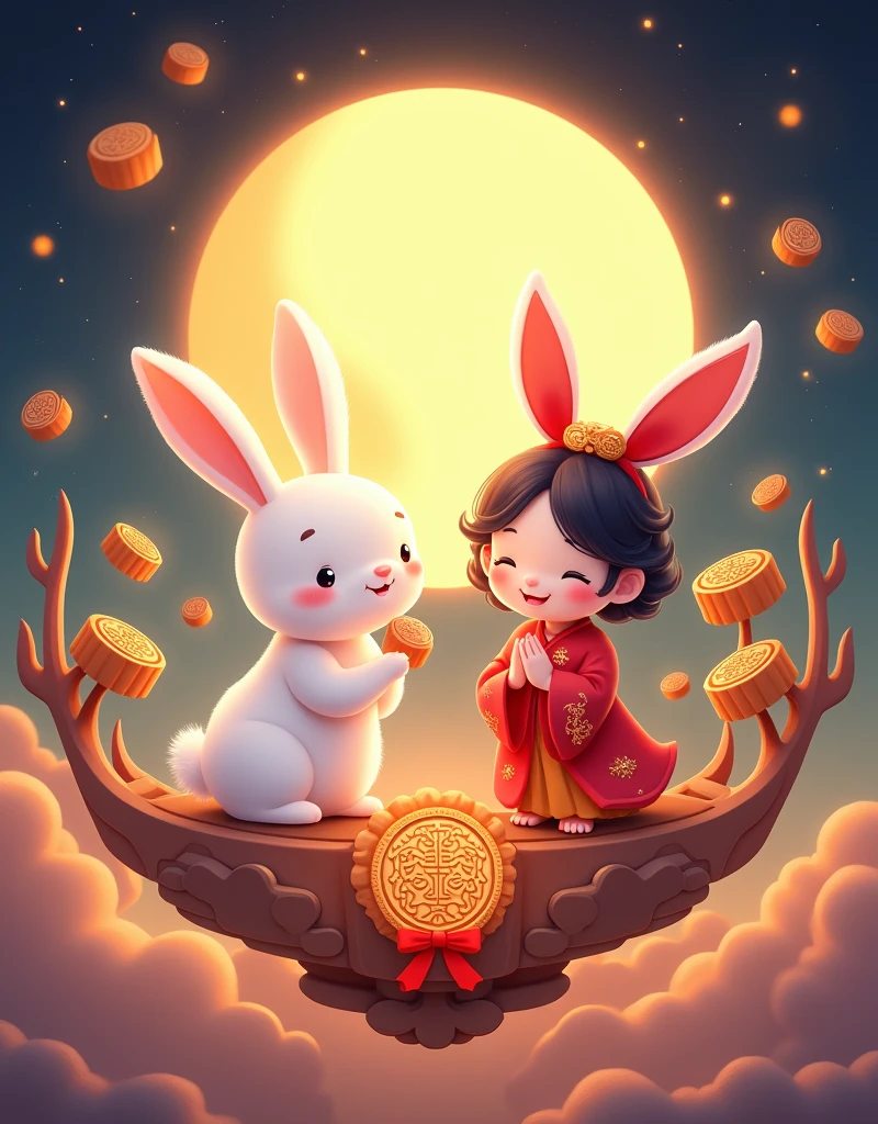 Make a logo with Mid-Autumn Festival text,There are mooncakes,Cute white rabbit,The moon palace fairy Chang'e composition
