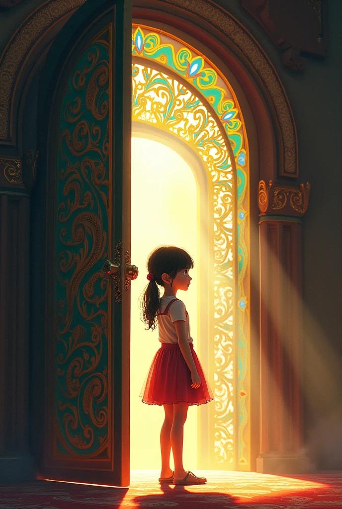 A young girl standing in front of a door, looking curiously at the intricate design and vibrant colors. The sunlight streaming through the door creates a warm glow around him, highlighting his features and casting interesting shadows on the ground. The boy's expression conveys a sense of wonder and adventure as he contemplates what lies beyond the door