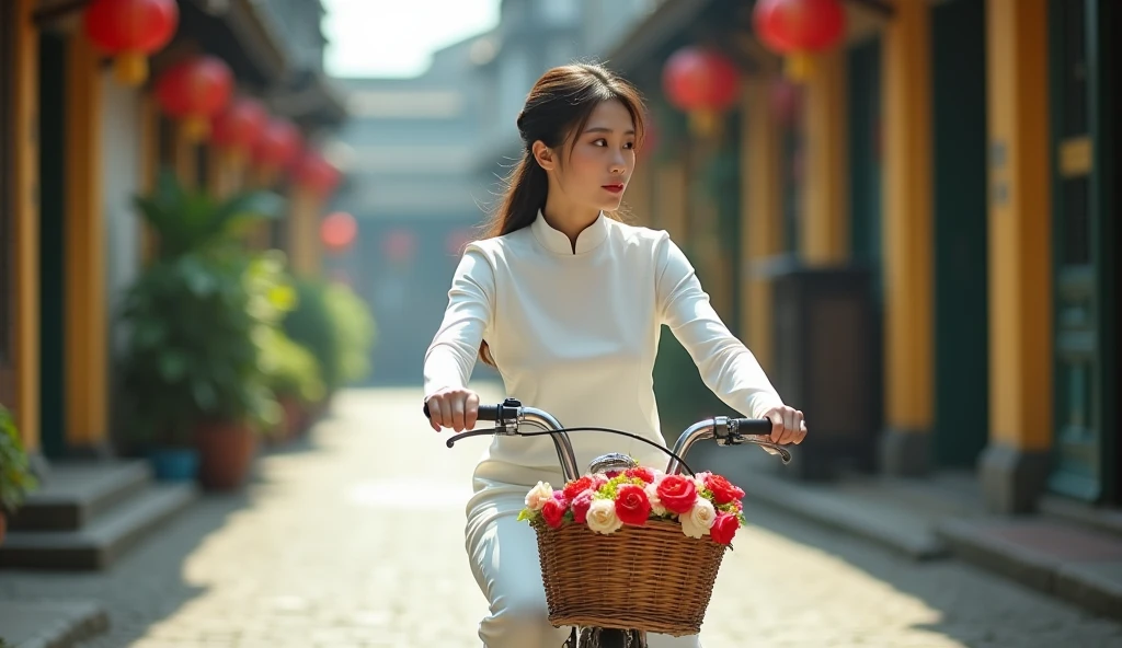 Make a photo of a Vietnamese female model wearing a white Ao Dai. Riding a bike on an old street. 50mm lens. bright. realistic. Focus your eyes well. Full shot. Make a basket and a bouquet of flowers in front of the bike. 