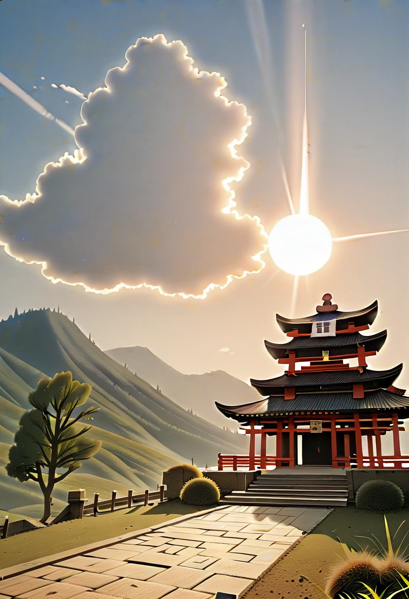 
Takeru stands once again at the ancient shrine, now bathed in the warm light of a setting sun. He holds the amulet close to his chest, a look of gratitude and peace on his face. The shrine and surrounding landscape are serene, with gentle rays of sunlight breaking through the clouds, symbolizing a new beginning. The composition captures both Takeru's growth and the tranquil beauty of his village restored to peace.

