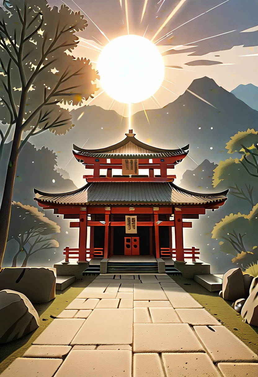 
Takeru stands once again at the ancient shrine, now bathed in the warm light of a setting sun. He holds the amulet close to his chest, a look of gratitude and peace on his face. The shrine and surrounding landscape are serene, with gentle rays of sunlight breaking through the clouds, symbolizing a new beginning. The composition captures both Takeru's growth and the tranquil beauty of his village restored to peace.

