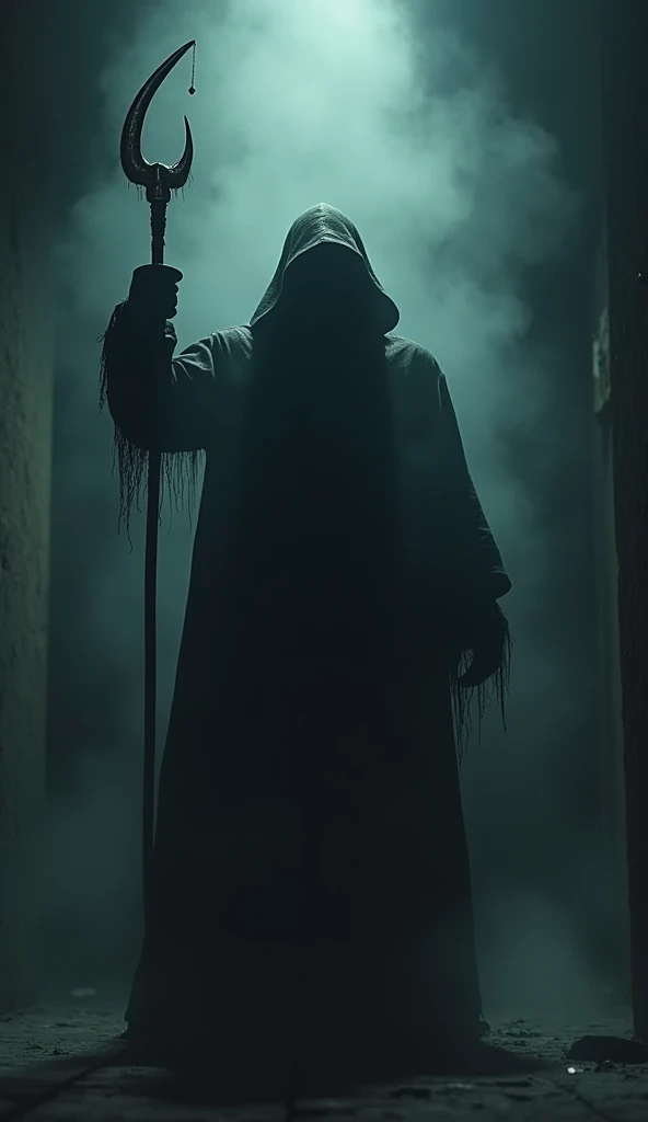 The Hookman standing in the shadows, his figure menacing and ready to strike, his hook raised menacingly