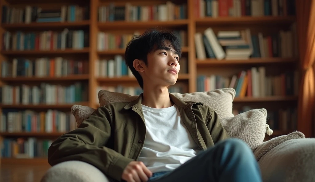 A Japanese male college student wearing fashionable clothes is relaxing on a blue chair with a calm expression, gazing into the distance,Excited, Photo of your face, In a cozy room with a bookshelf, with a natural look, With a slightly tired look, tilt your face a little, Diagonal orientation, Average face