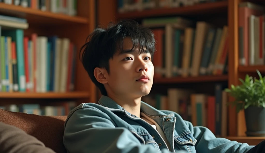 A Japanese male college student wearing fashionable clothes is relaxing on a blue chair with a calm expression, gazing into the distance,Excited, Photo of your face, In a cozy room with a bookshelf, with a natural look, With a slightly tired look, tilt your face a little, Diagonal orientation, Average face