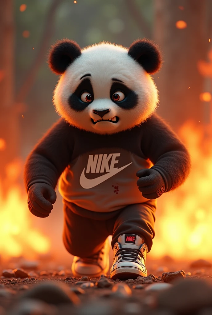 Create an animation of a panda dressed in Nike clothes and tennis shoes where he is in a humanoid position fleeing from the flames where he can be seen sad. , angry and bloody. And also that you can see a part of the skull of the head. !!LET THE SCENE BE MORE HAPPY.¡¡