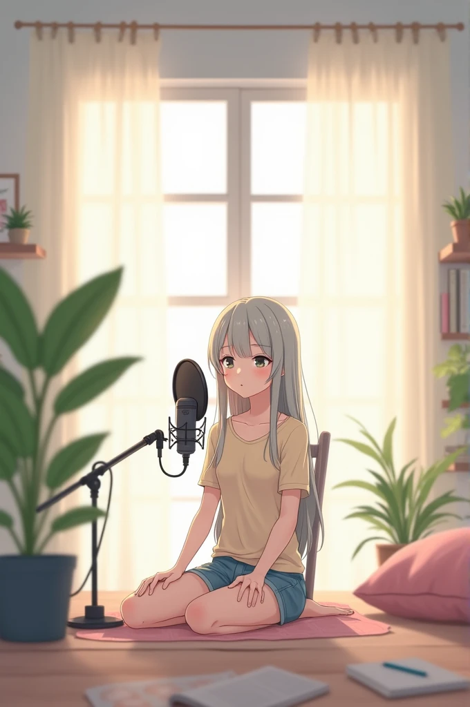 Create an anime girl sitting in front of mic peacefully doing solo podcast in the 16:9