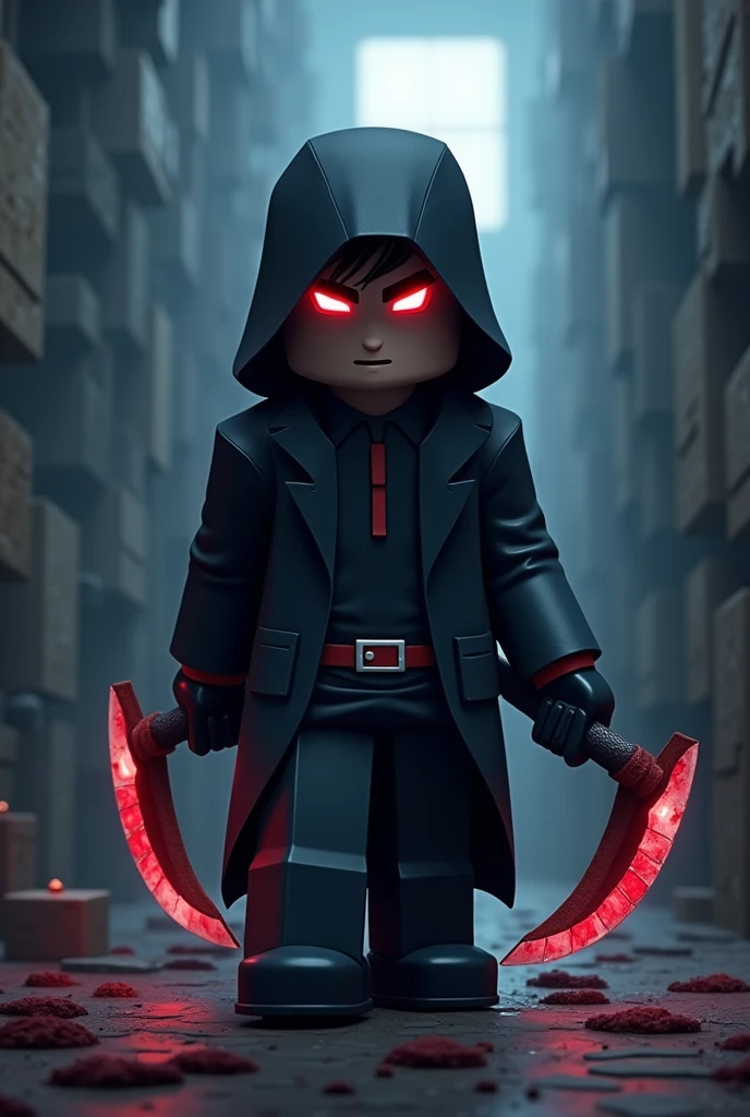 A 40-year-old boy from Minecraft is wearing an Assassin's suit and holding two bloody scythes and he is minecraft character and he is pixel and block