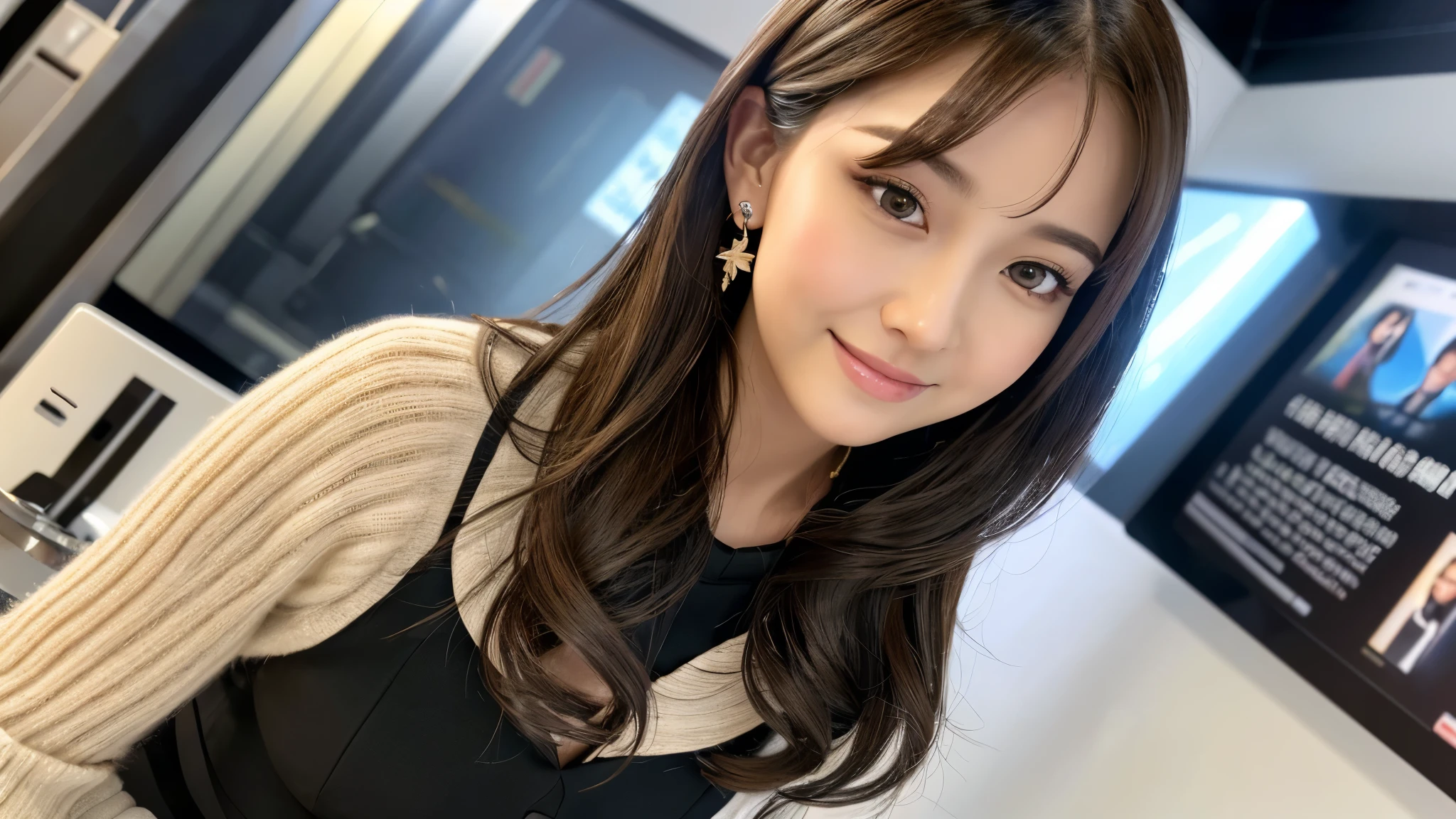 one person、female newscaster、young、beautiful、Female announcer、Shaped face contour、Long Hair、Brown Hair、Fine iris、Elegant、Sexy face、Glowing Skin、Juicy lips、An open, seductive smile、Thick eyelasheodel Body Type、Earrings、black stockings、blush、suit、Tight mini skirt、Perfect lighting、Perfect Shadow、Perfect Anatomy(((masterpiece))), ((highest quality)), ((Super detailed)), (CG illustration), (Very wicked and beautiful)), (Cute Desktop Face),スポーツキャスター
