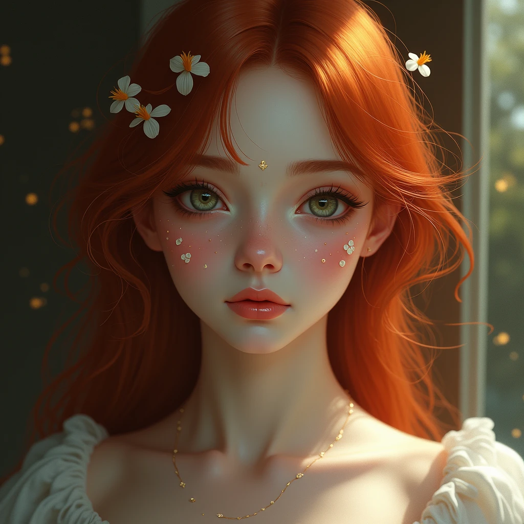 A girl with pure devine pale skin, deep red hair and a primrose tattoo on her face